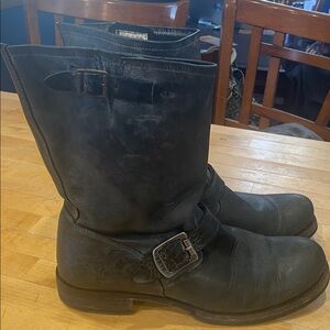 Frye Black Leather Engineer Boots with Buckle Detail